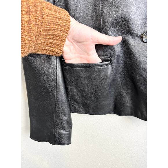 Vintage Y2K 100% Leather Black Blazer Two Button Up Minimalist Jacket Medium - Picture 4 of 12